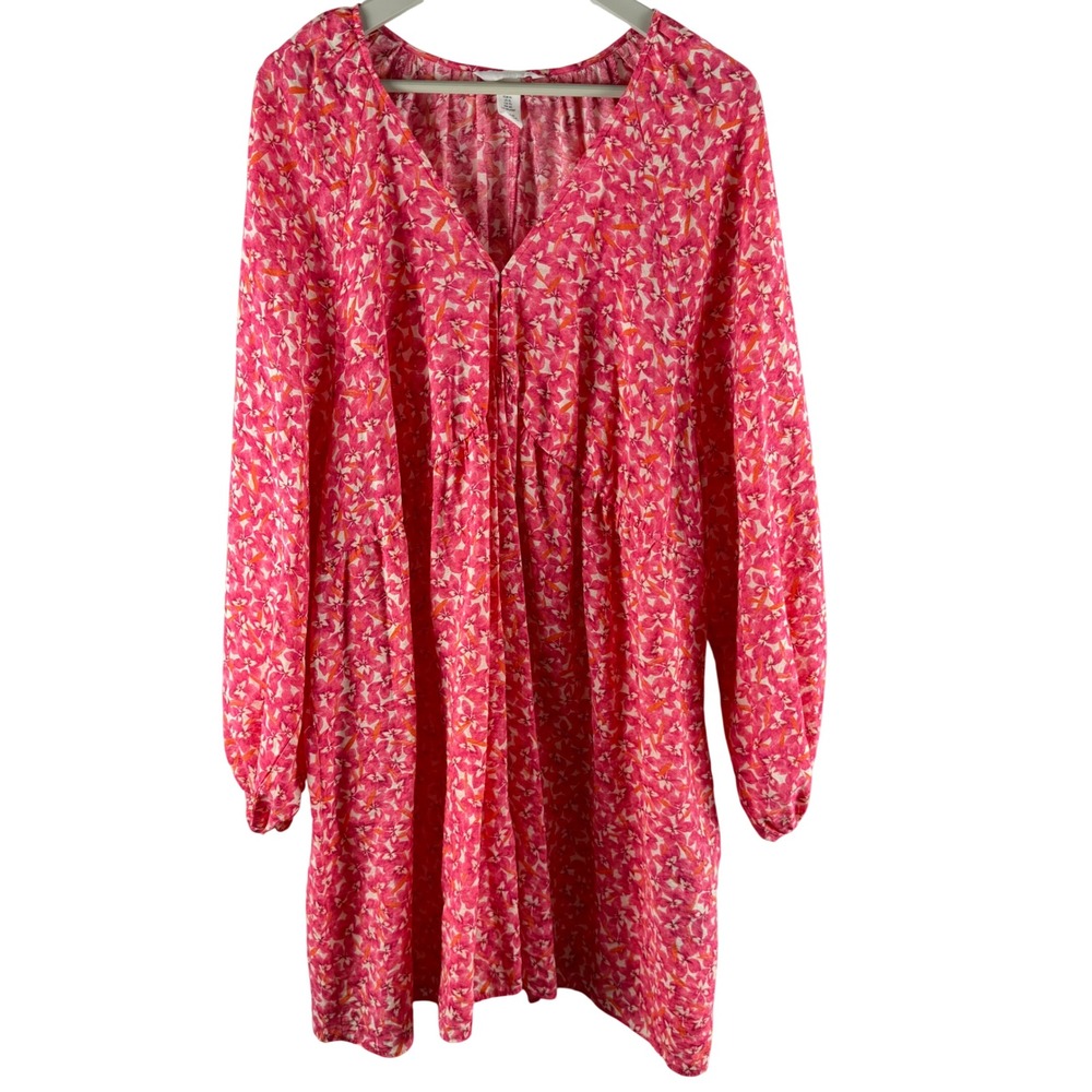 H&M Pink Floral V-Neck Mini Dress XL Long Balloon Sleeve Babydoll Relaxed‎ Fit